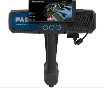 T-shaped, 3D laser scanner arm designed to be handheld, with a small screen at the centre of the horizontal bar showing a scan in real time.