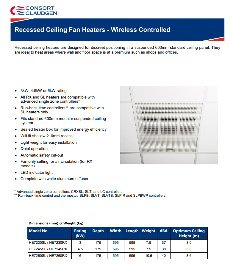 Consort Claudgen HE7237RX Ceiling Heater Sunbelt Sales